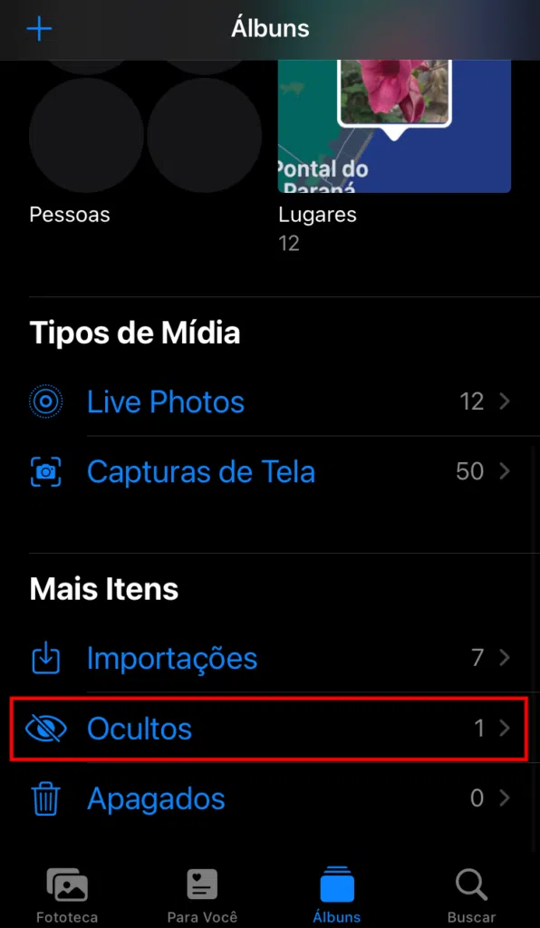 Ver álbum de itens ocultos no iphone