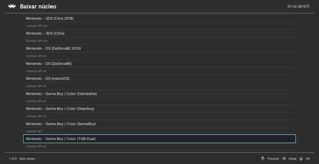 Screenshot de parte da lista de núcleos disponíveis de emuladores de nintendo no retroarch (imagem: showmetech/captura própria)