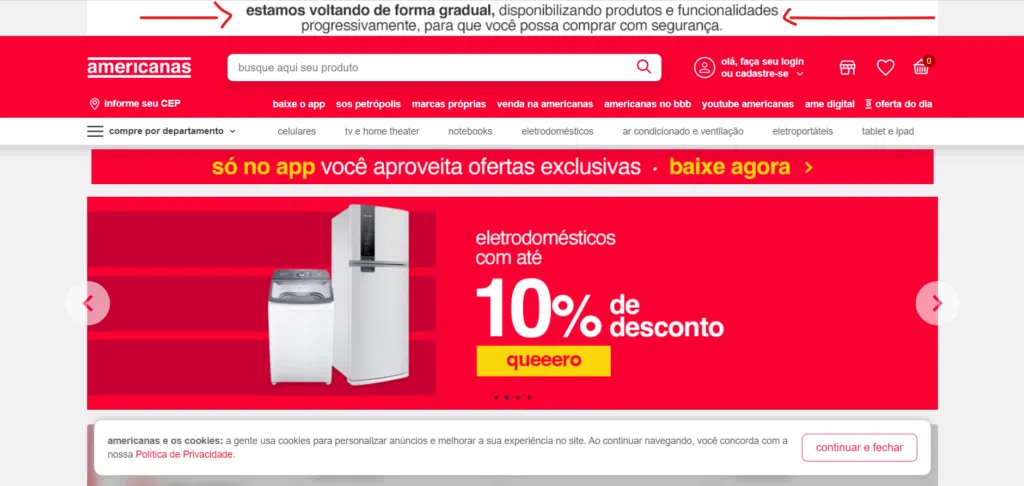 Banner de aviso no site das americanas