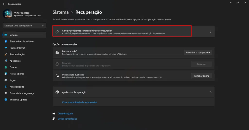 Tela de solução de problemas de erros no windows update