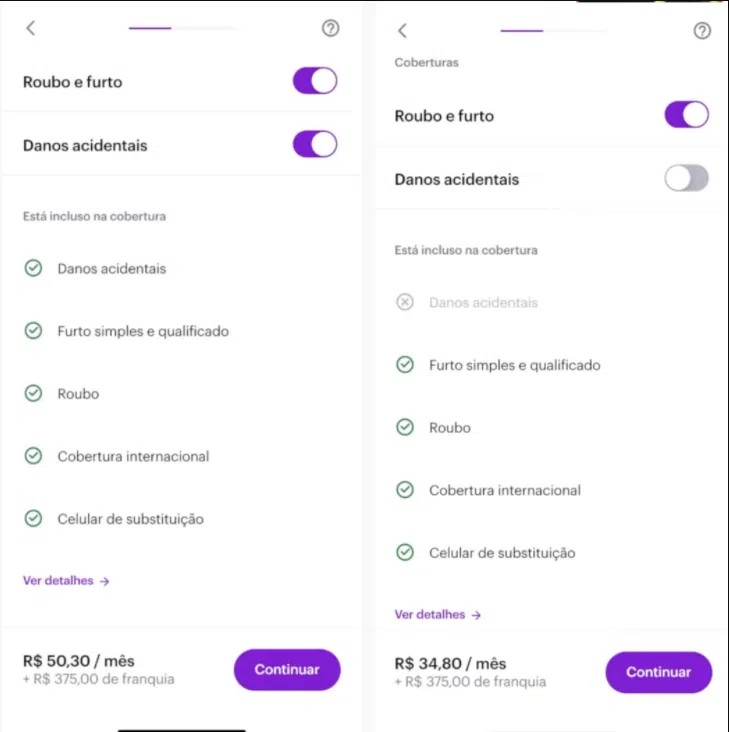 Captura de tela de contratação do seguro de celular do nubank