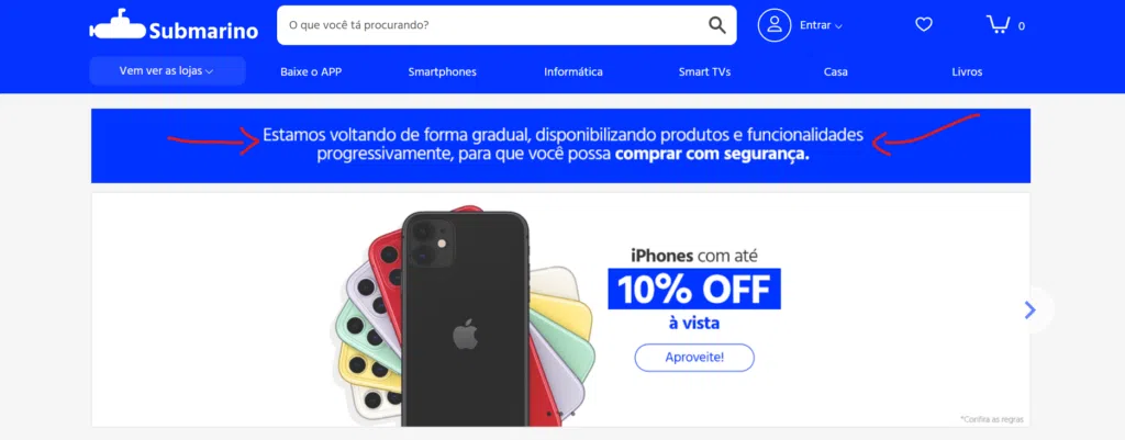 Banner de aviso no site da submarino