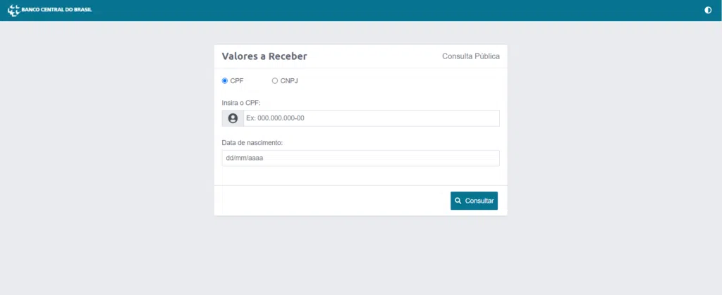 Página de consulta do banco central com valores a receber