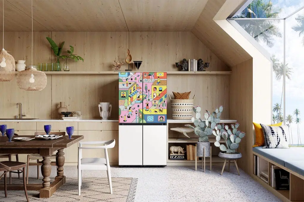 Ambiente com um dos modelos de refrigeradores bespoke ilustrado