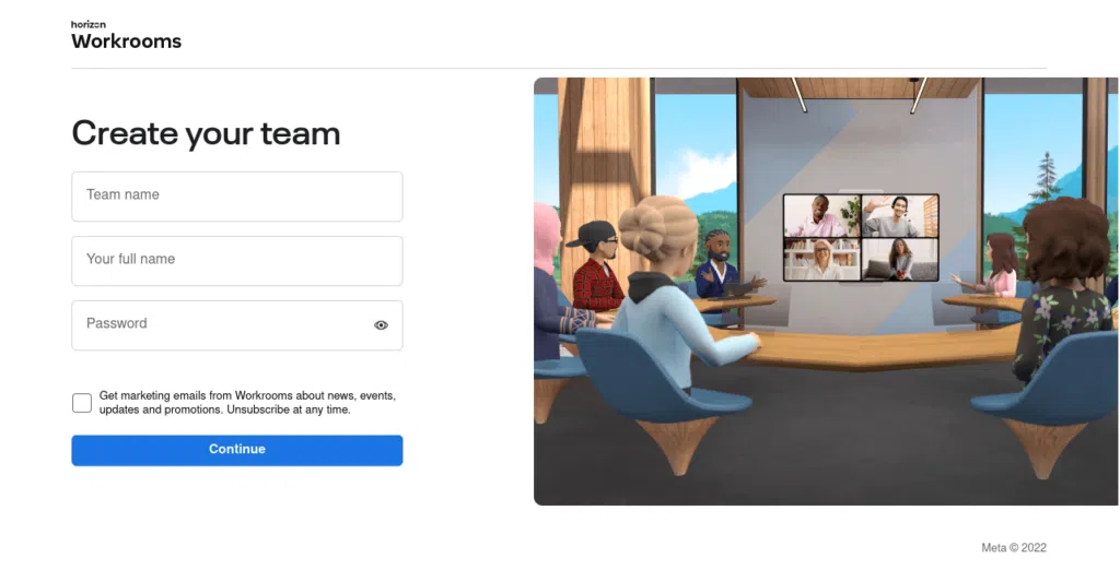 A imagem mostra a tela de criação de uma equipe no horizon workrooms