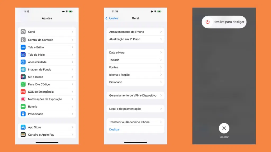 Depois de selecionar ajustes, aparecerá a primeira imagem, então selecione geral. Role a tela até o final até que fique como na segunda imagem e selecione a última opção, desligar. Agora utilize o botão deslizante da terceira imagem para, enfim, desligar o iphone. Reprodução: lucas gomes, showmetech