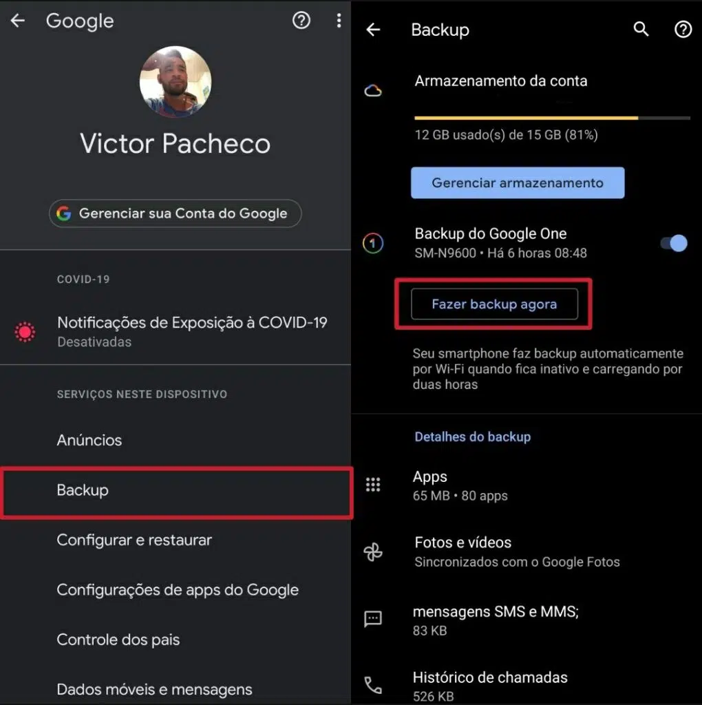 Captura de tela para ativar backup do android