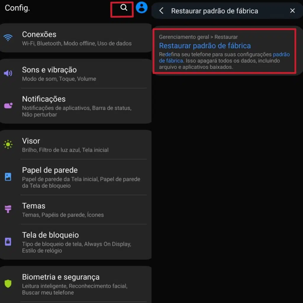 Captura de tela para restaurar smartphone android