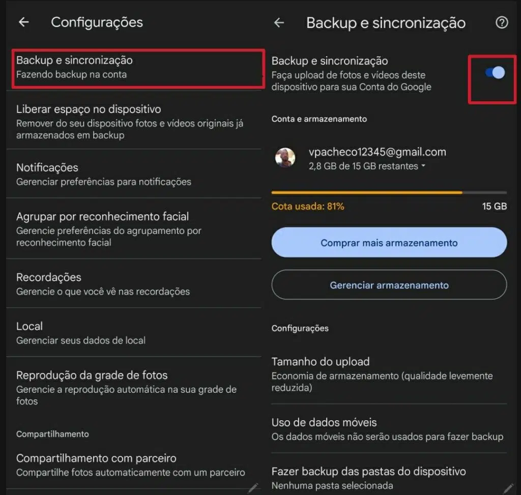 Captura de tela para enviar fotos e vídeos para servidor do google fotos