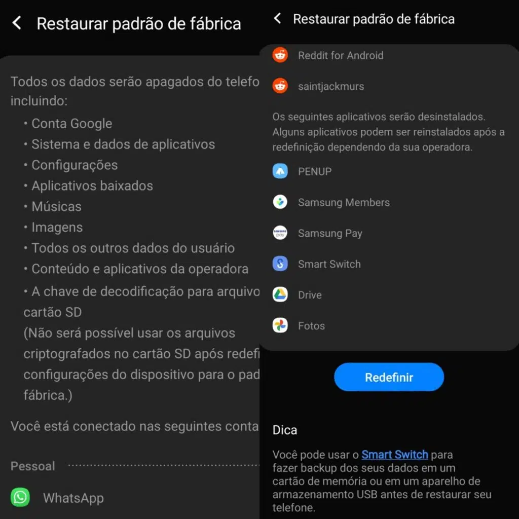 Telas exibidas para quem deseja restaurar smartphone