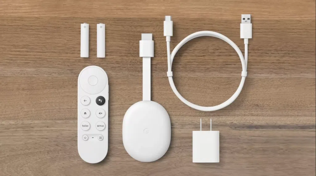 Imagem ilustrativa do chromecast 4 e todos os seus componentes.