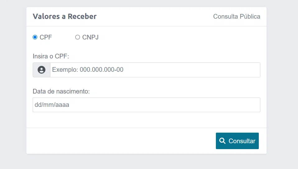 Página de consulta do banco central de valores a receber