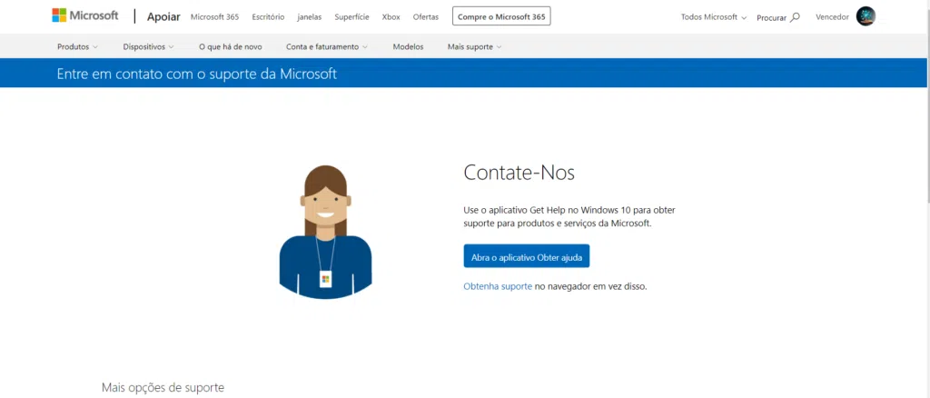 Página de suporte da microsoft