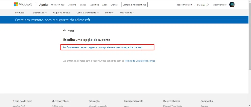 Página de suporte da microsoft