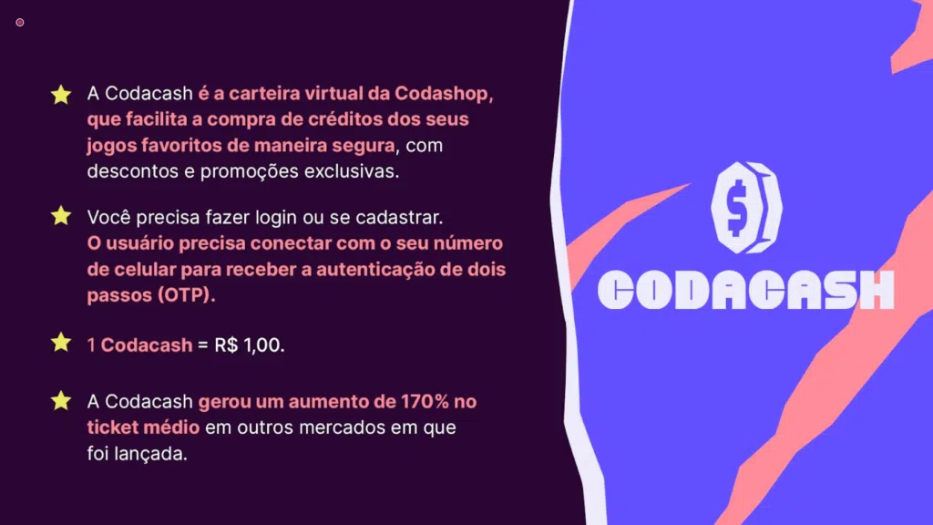 Detalhes da codacash, carteira virtual da codashop para jogos mobile