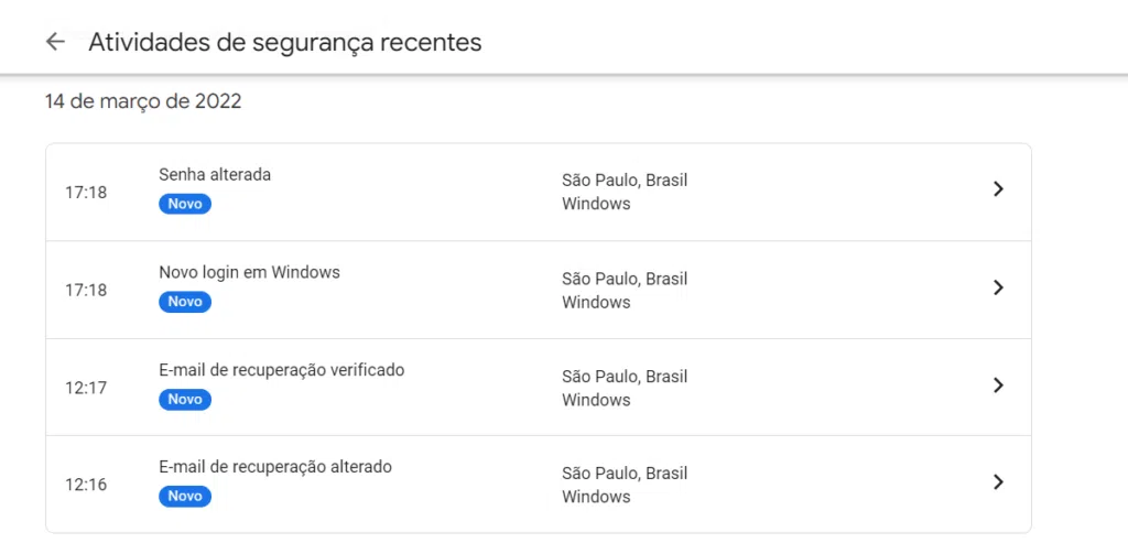 Página de atividades recentes de uma conta do google