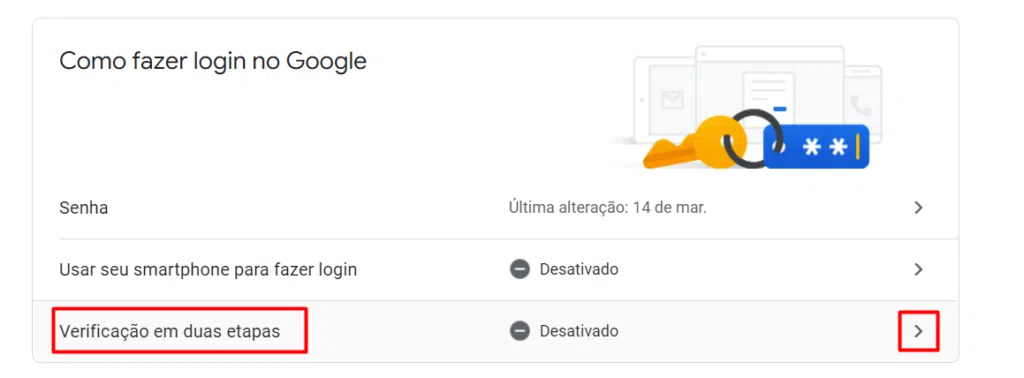 Página para ativar verificação de duas etapas em conta do google