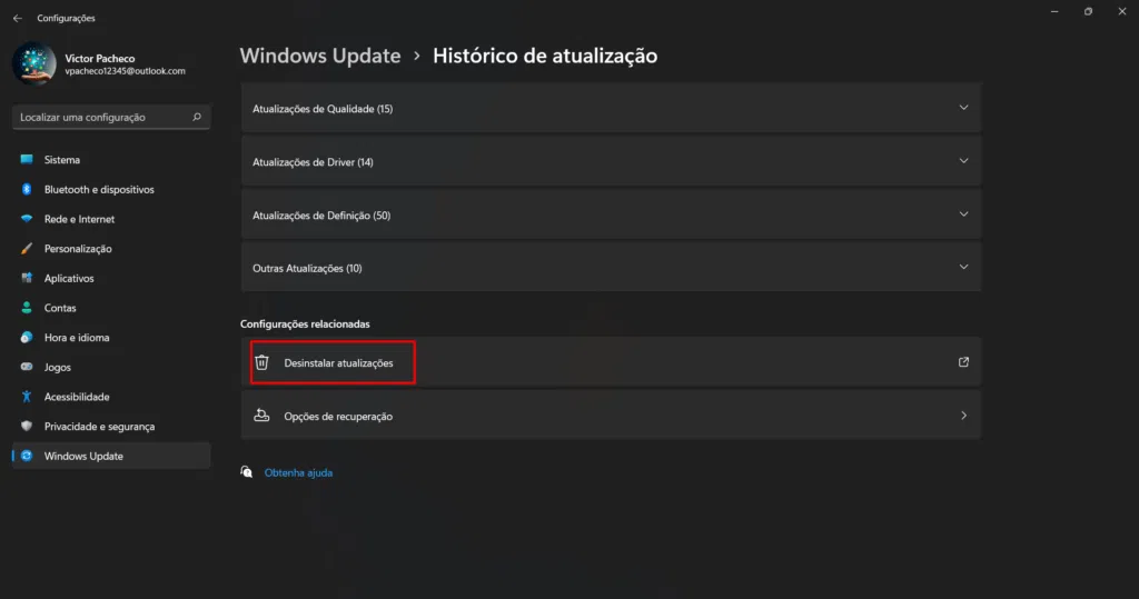 Tela para reverter atualizações no windows