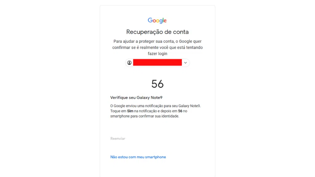 Mensagem exibida no smartphone para recuperar conta do gmail