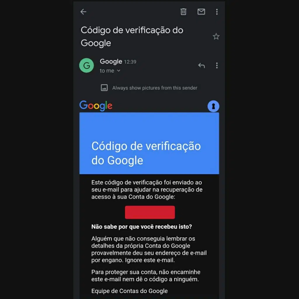 Captura de tela com código de recuperar a conta do google