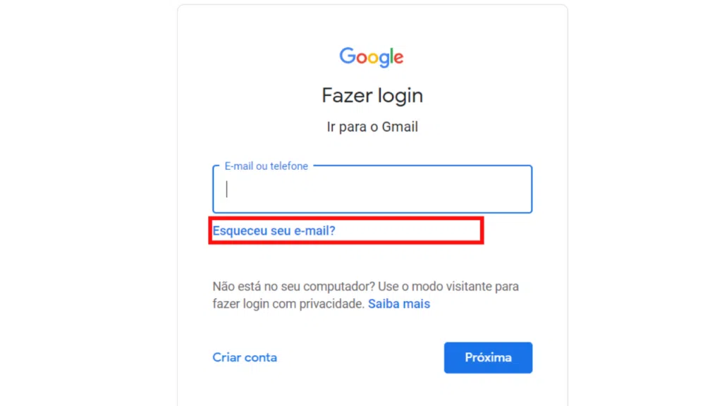 Foto da tela para recuperar conta do gmail