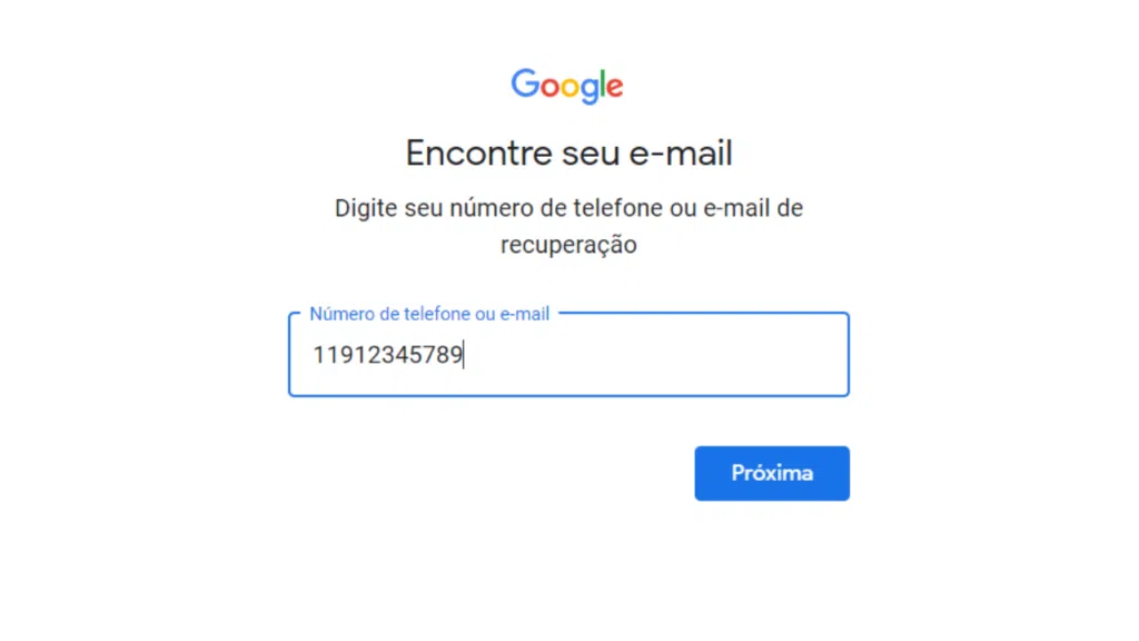 Foto da tela para recuperar conta do gmail