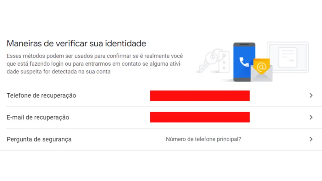 Opções de recuperação da conta do google