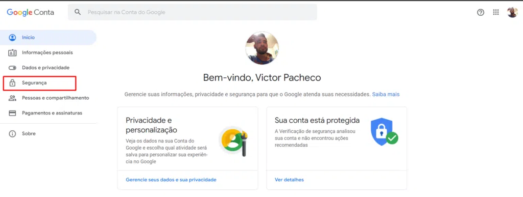 Página inicial da minha conta do google