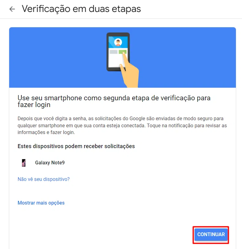 Página para ativar verificação de duas etapas em conta do google