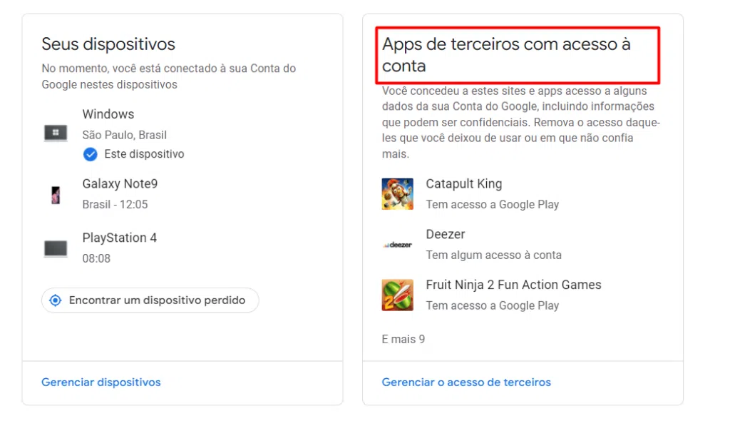 Seção com apps de terceiros do google