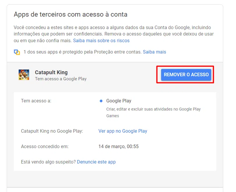 Tela para remover acesso de aplicativos de terceiros à uma conta do google