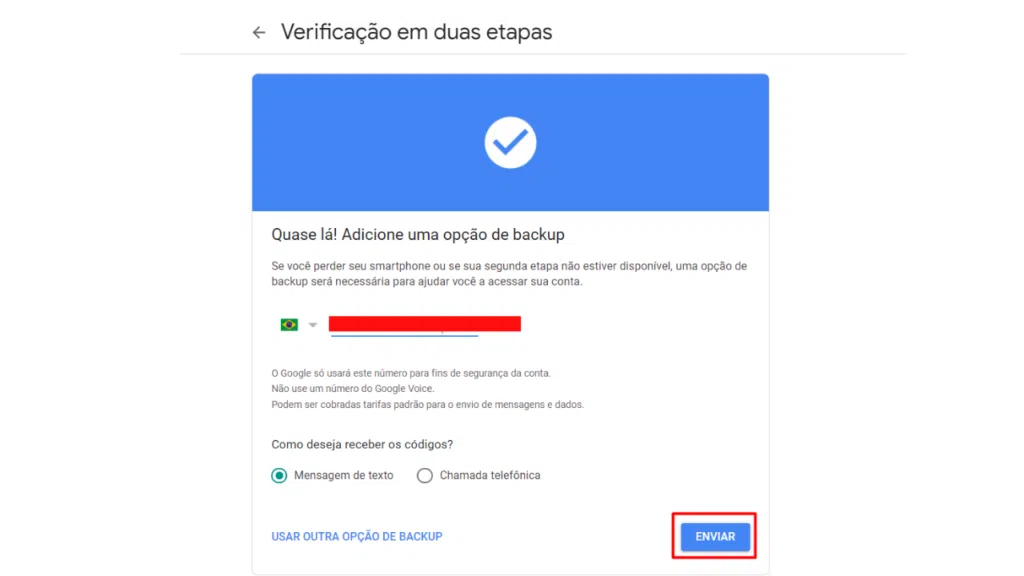 Cadastro de backup para ativação de verificação de duas etapas na conta do google