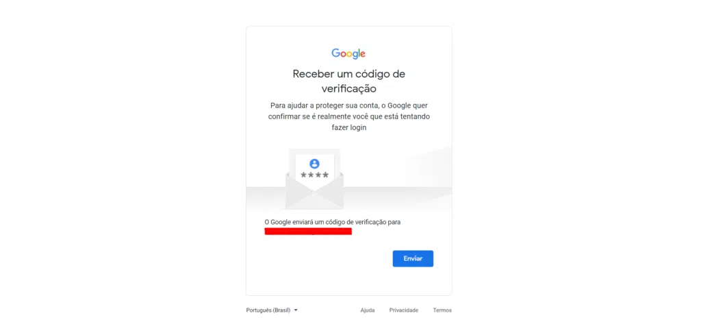 Tela com exibição de código para recuperar conta do gmail