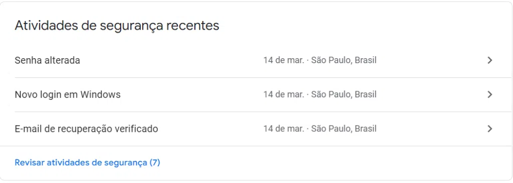 Página de atividades recentes de uma conta do google