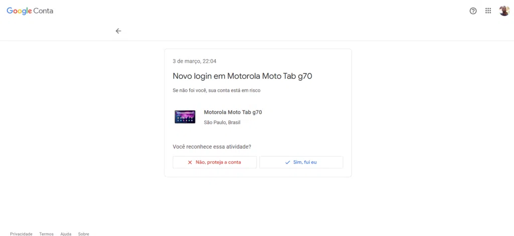 Página de atividades recentes de uma conta do google