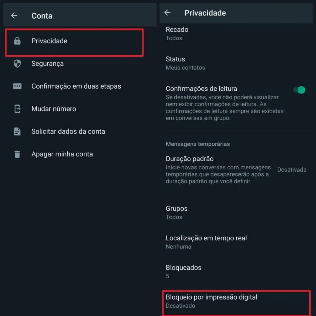 Processo para cadastrar biometria no whatsapp