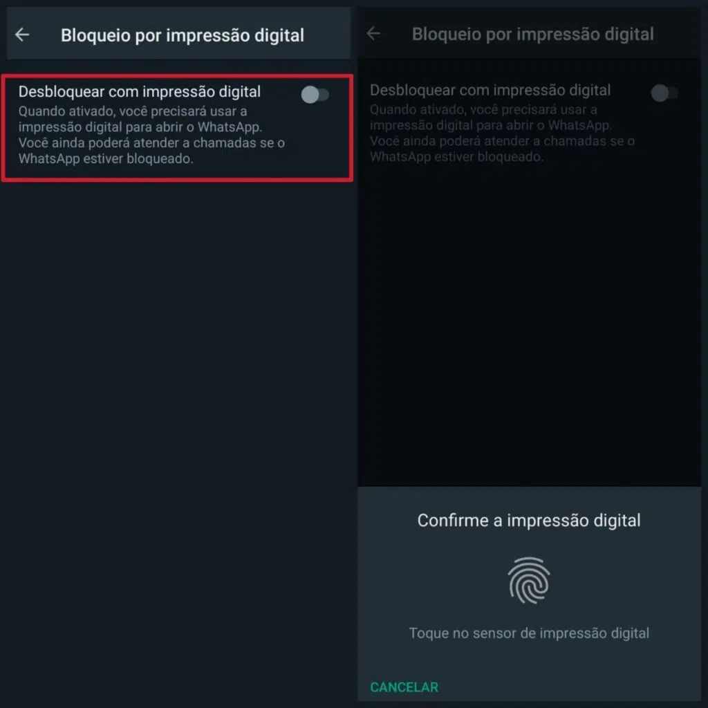 Processo para cadastrar biometria no whatsapp