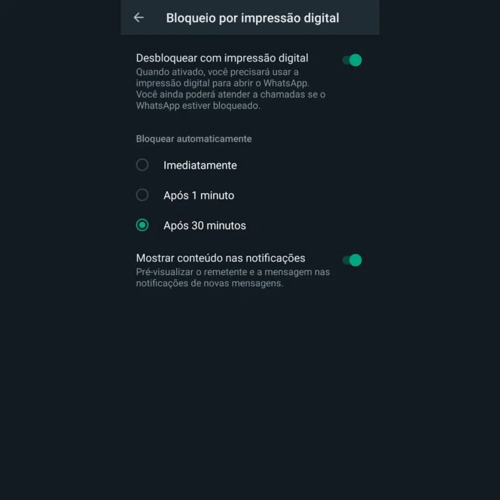 Processo para cadastrar biometria no whatsapp