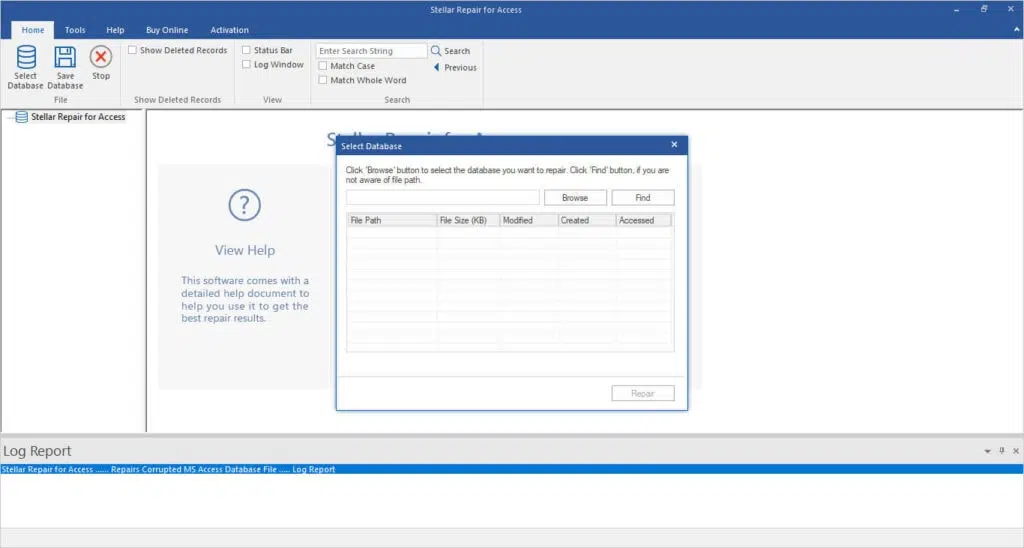 Interface inicial para localizar o banco de dados corrompido