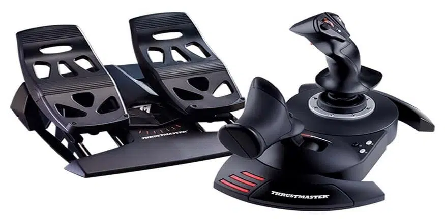 A imagem mostra o joystick para flight simulator t. Flight full kit x