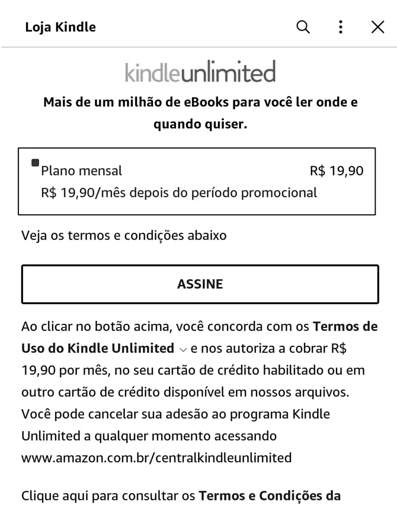 Assine o kindle unlimited. Imagem: reprodução