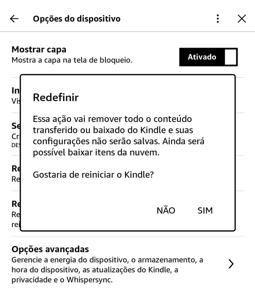 Resete o kindle. Imagem: reprodução