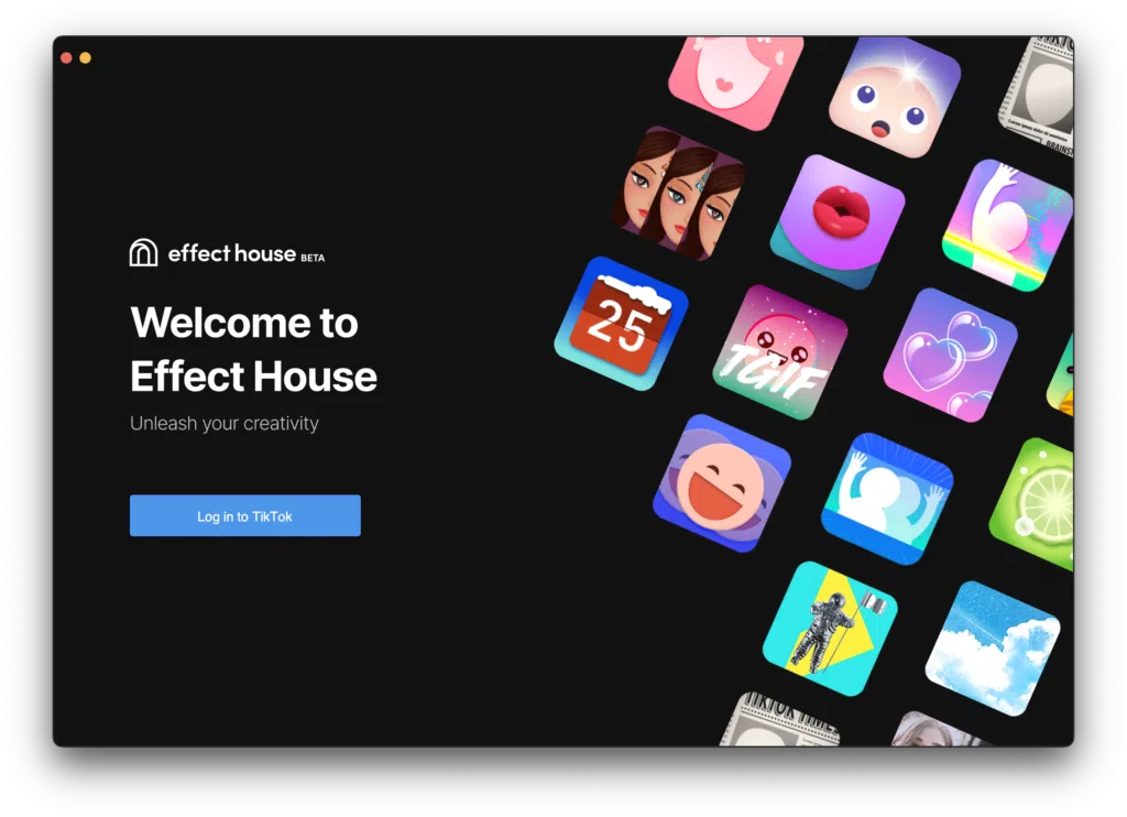 A imagem mostra a tela de login do effect house, programa de criação de filtro de realidade aumentada do tiktok
