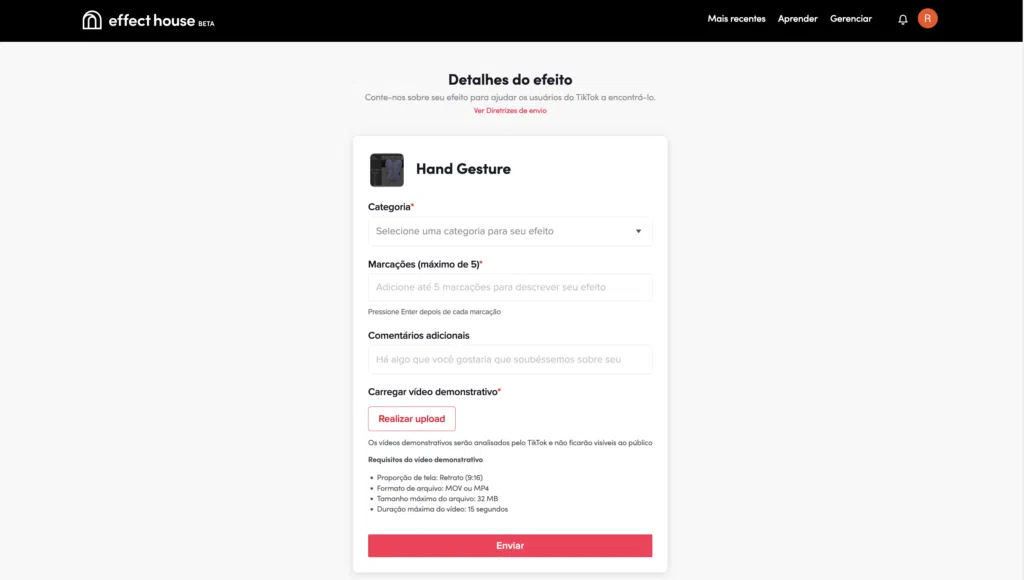 A imagem mostra a tela final para submeter um filtro para o tiktok usando o effect house