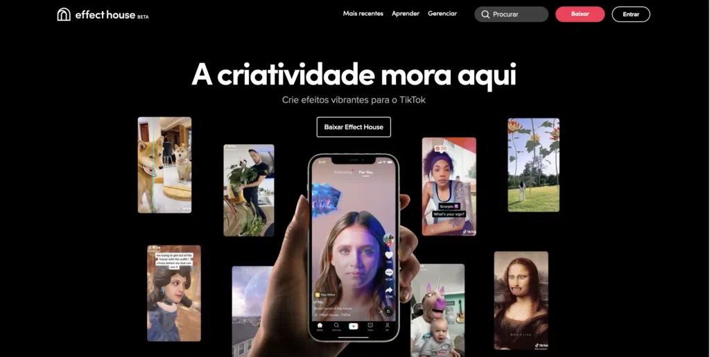 A imagem mostra a tela inicial do effect house, novo programa do tiktok para criação de filtros