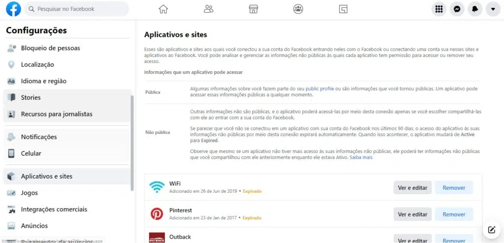 Desconecte os apps desconhecidos nas configurações da sua conta do facebook