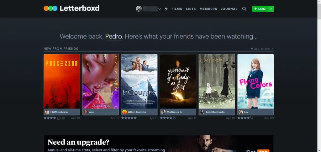 Tela inicial do letterboxd