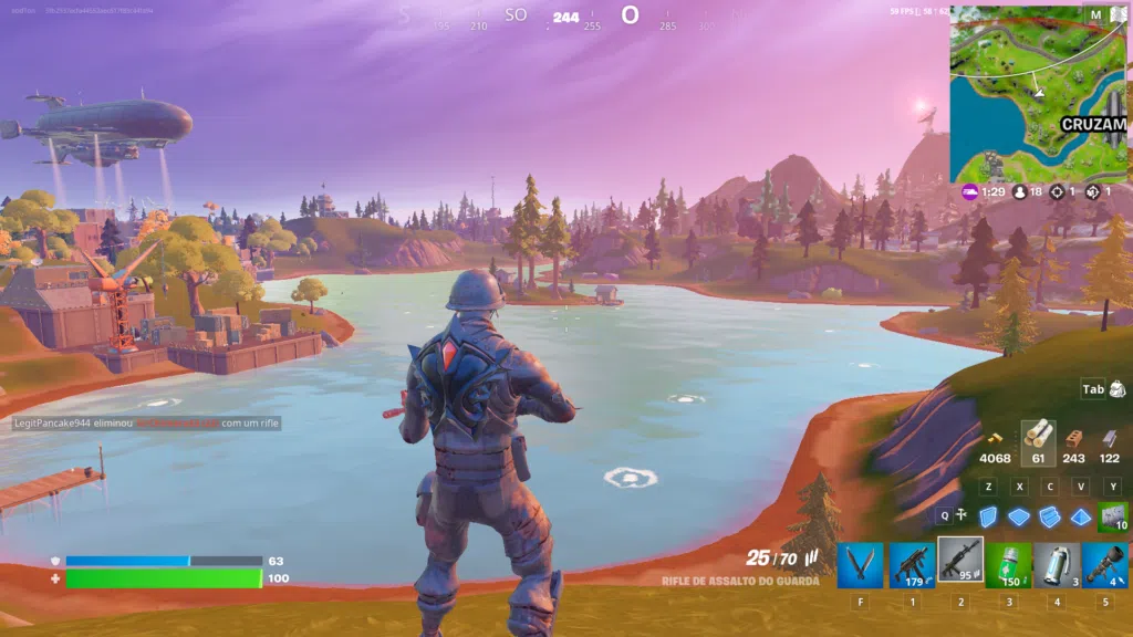 Imagem do personagem de fortnite no notebook dell inspiron 15 vendo um lago com muito elementos a vista