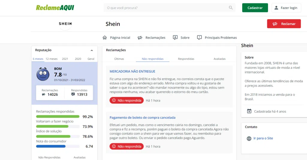 Shein no reclameaqui, plataforma ótima para verificar a reputação de lojas