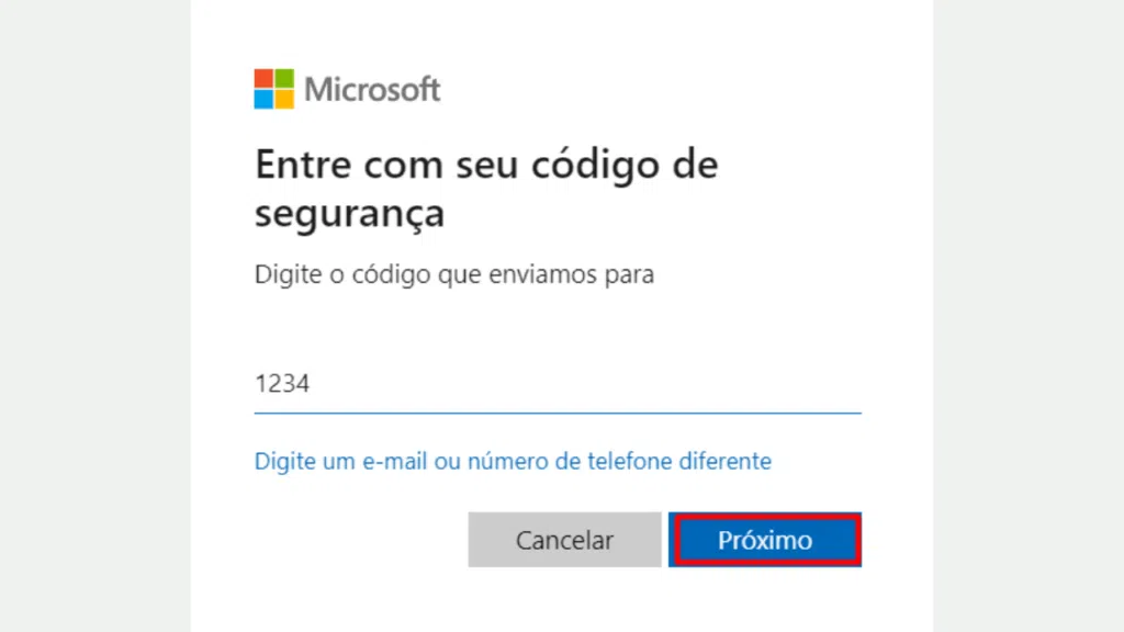 Tela com digitação de código para saber endereço da conta microsoft